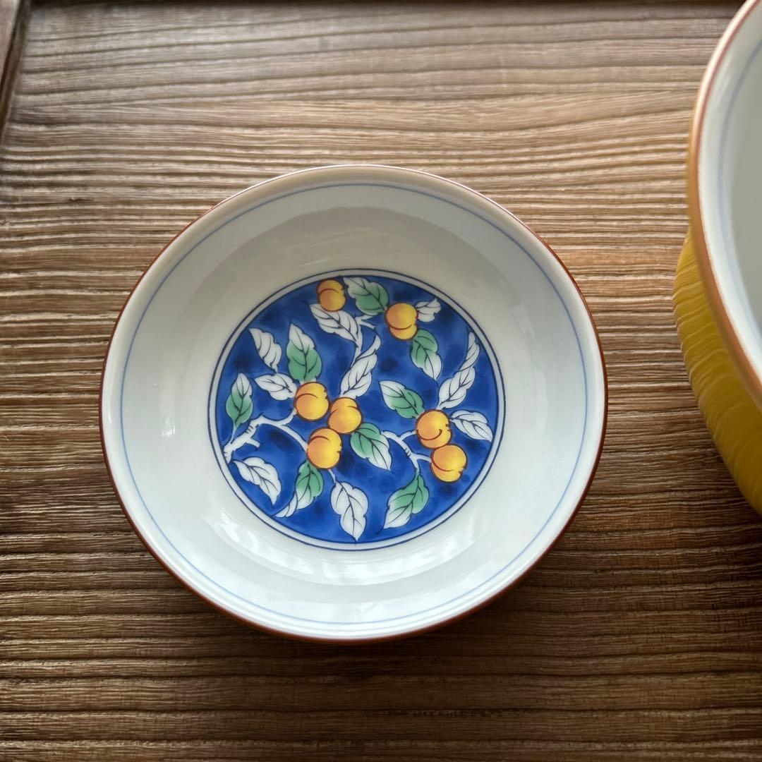 古伊万里 色絵 桐に鳳凰 丸紋に菊の図 蓋茶碗 4客