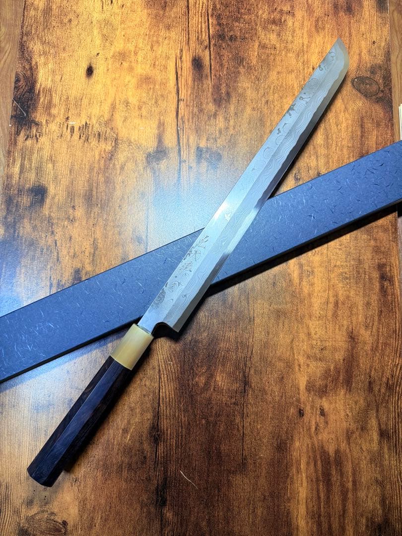 柳刃切り付け包丁 尺寸青鋼紫壇柄