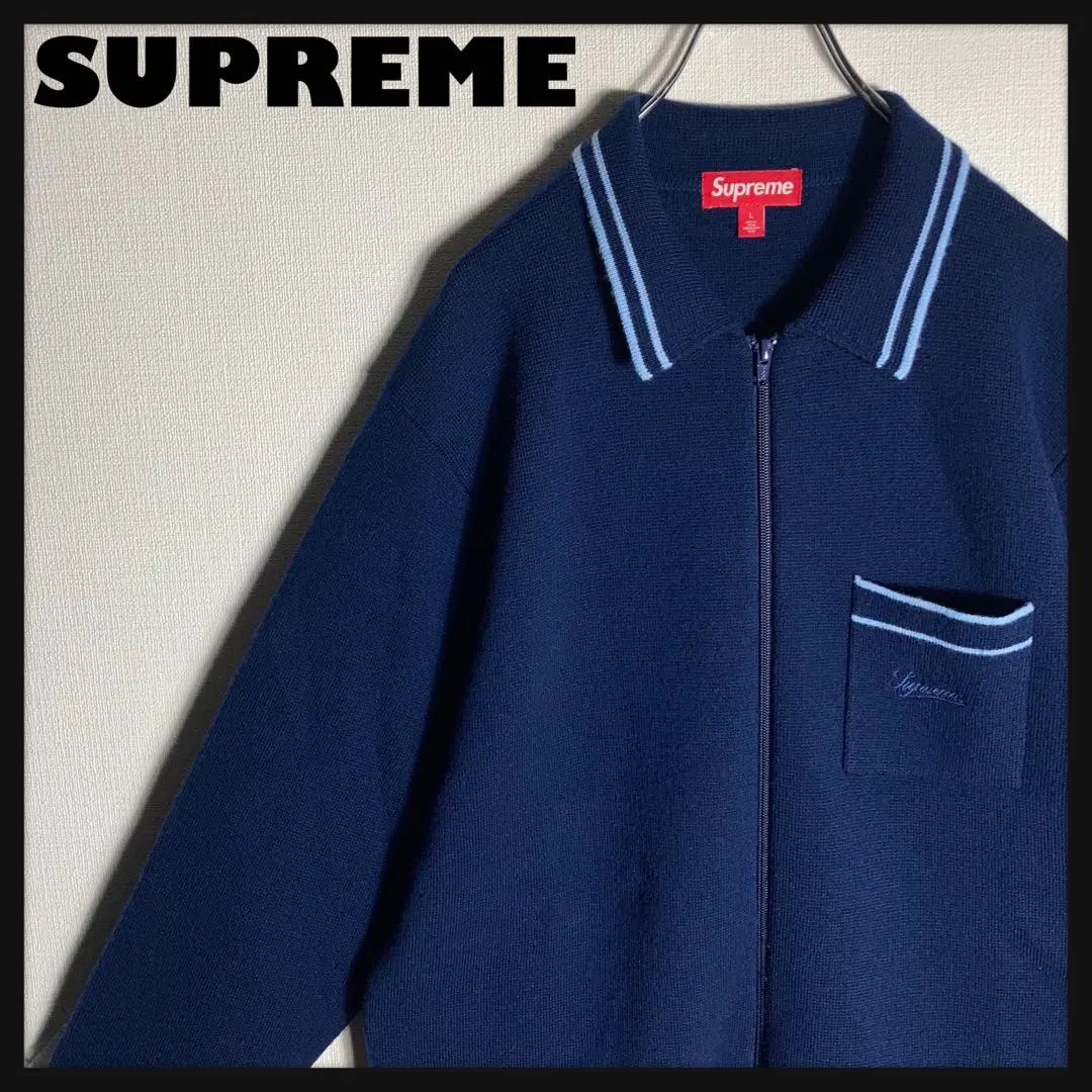 【極美品】SUPREME ニットカーディガン フルジップ 刺繍ロゴ 紺 L