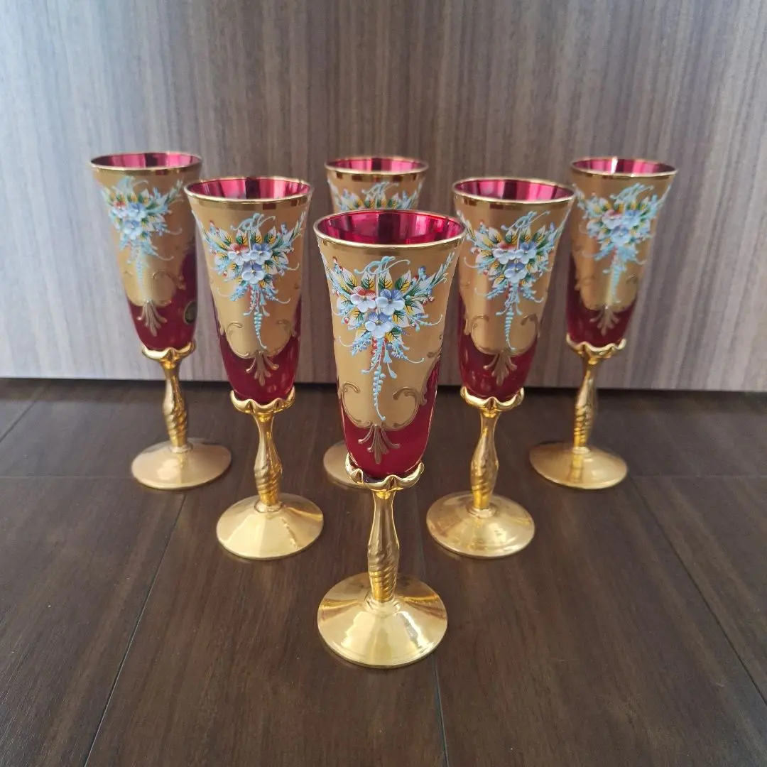 ベネチアングラス　花柄 シャンパングラス 6個セット　ムラノグラス