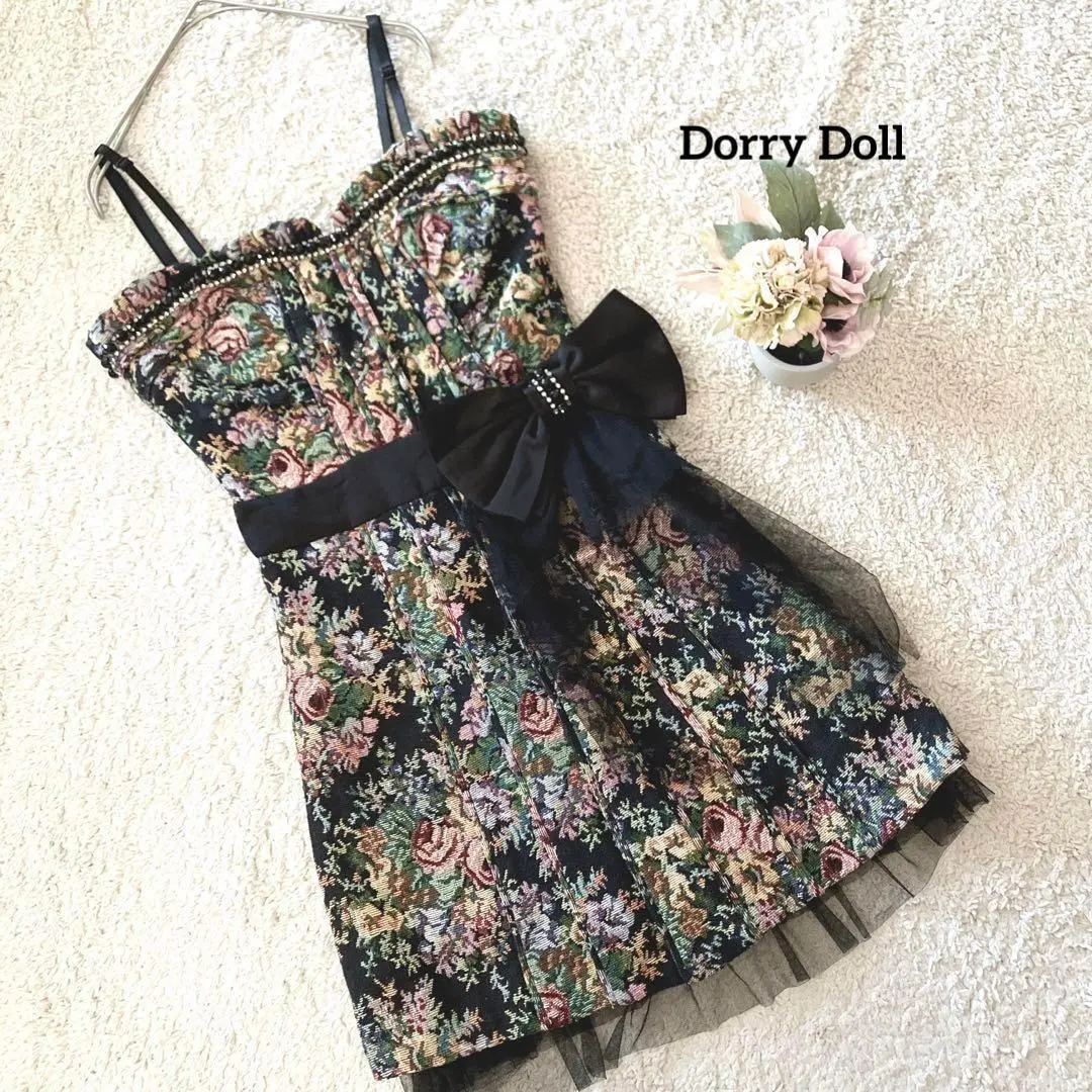 ドリードール 花柄ノースリーブミニワンピース 38 リボンゴブラン ビスチェ