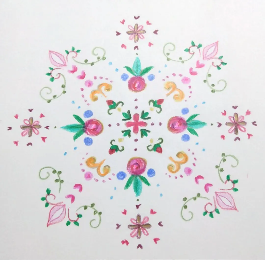 花模様の色鉛筆画　イラスト　パワー　チャネリング　放射線状の絵画　原画　可愛い