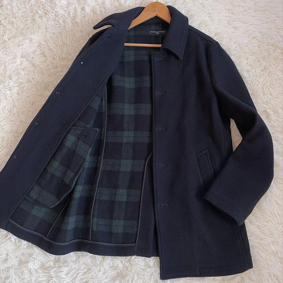 【ブラックウォッチ】シップス ステンカラーコート ウール ネイビー L