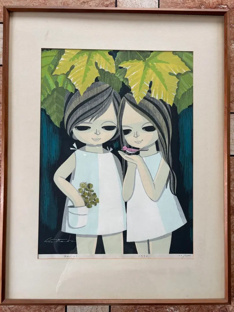 池田修三 「あかいとり」 木版画1976年制作　額入り直筆サイン　人物画希少作品