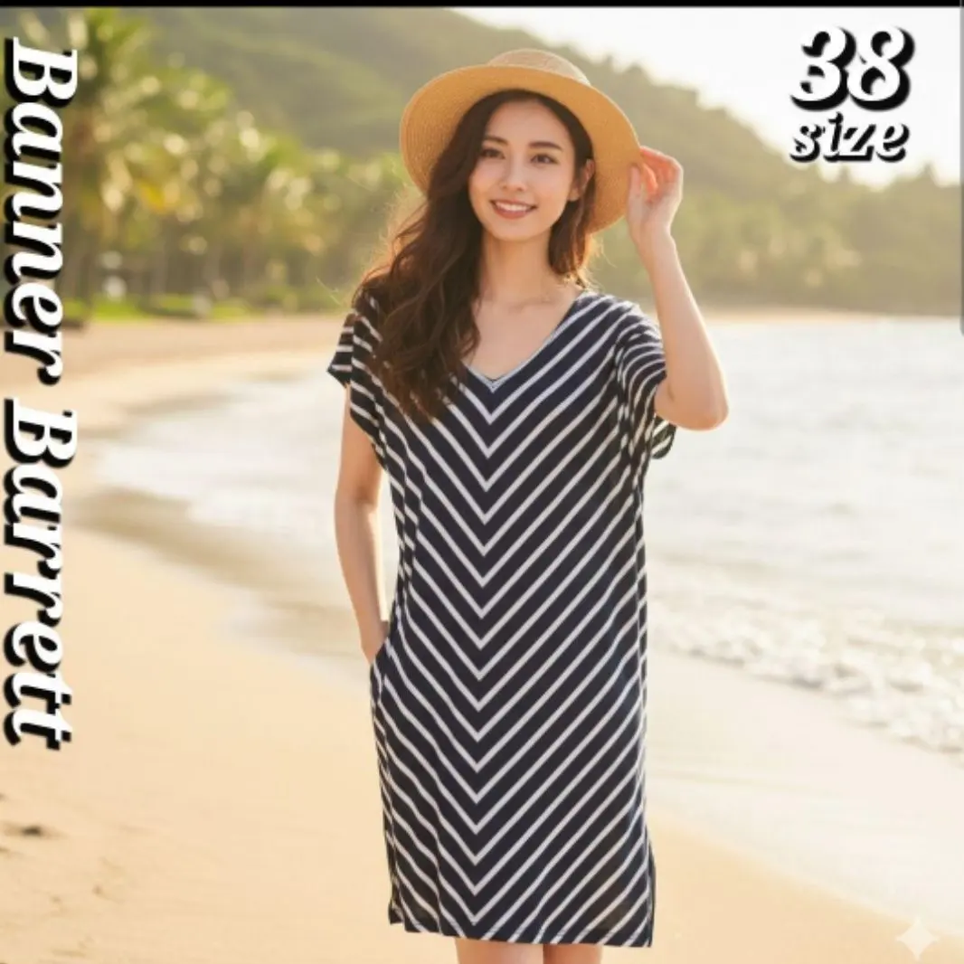 ●【バナーバレット】美品 38 Vネック ボーダーサマーワンピース/チュニック