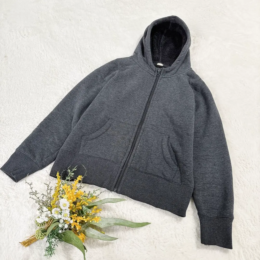 【ジーユー】GU レディース 裏ボアジップアップパーカー グレー S