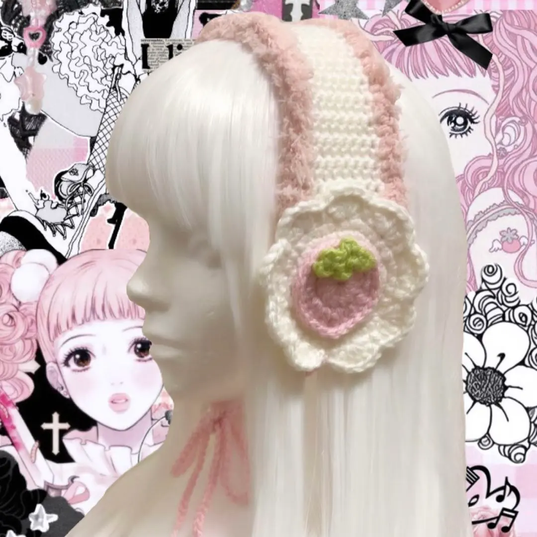 ハンドメイド 編み物 イヤーマフ 耳あて いちご 平成女児