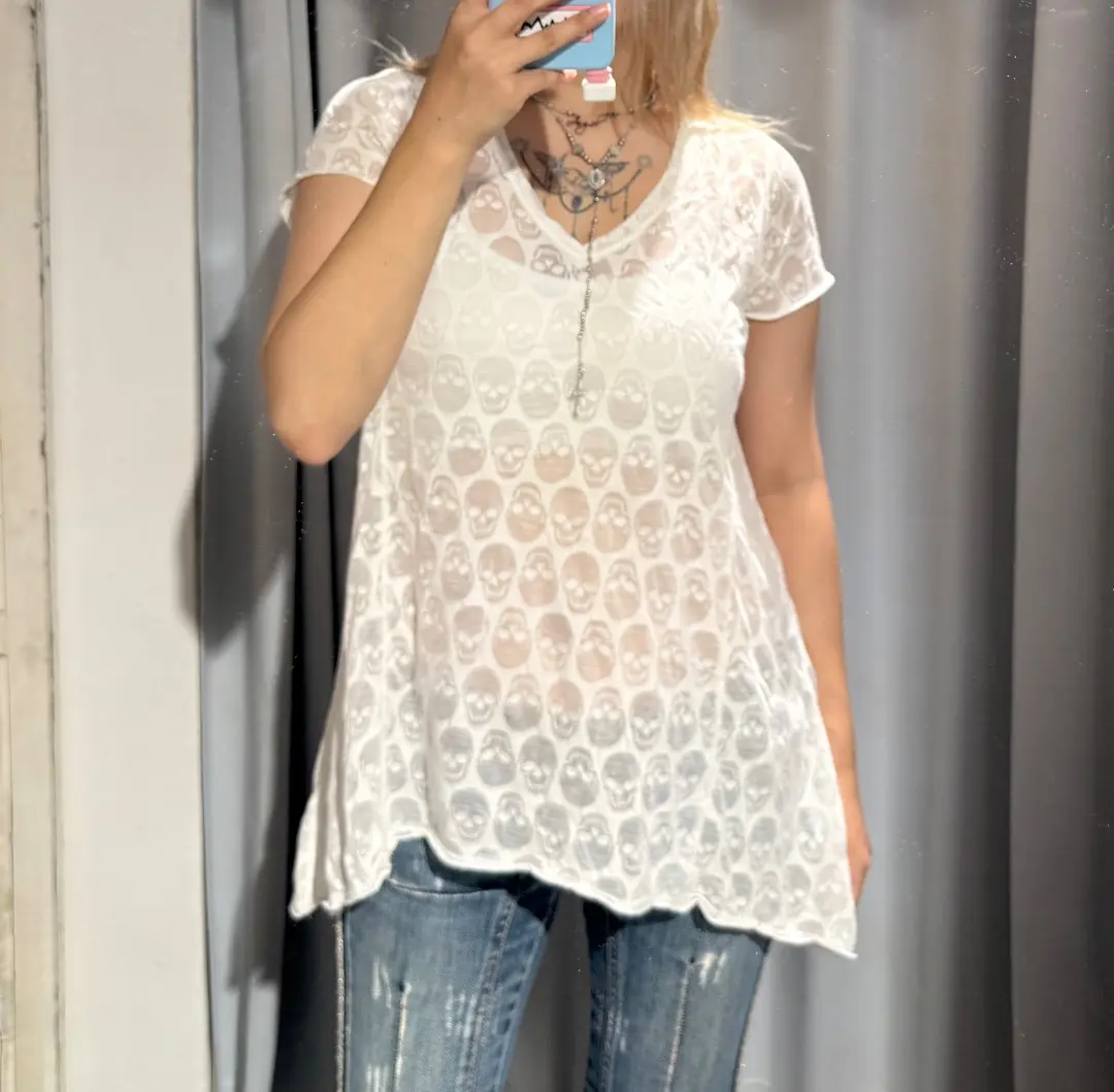 ダークコアグランジAZULbymoussy髑髏半袖チュニック透け感Vネックy2k