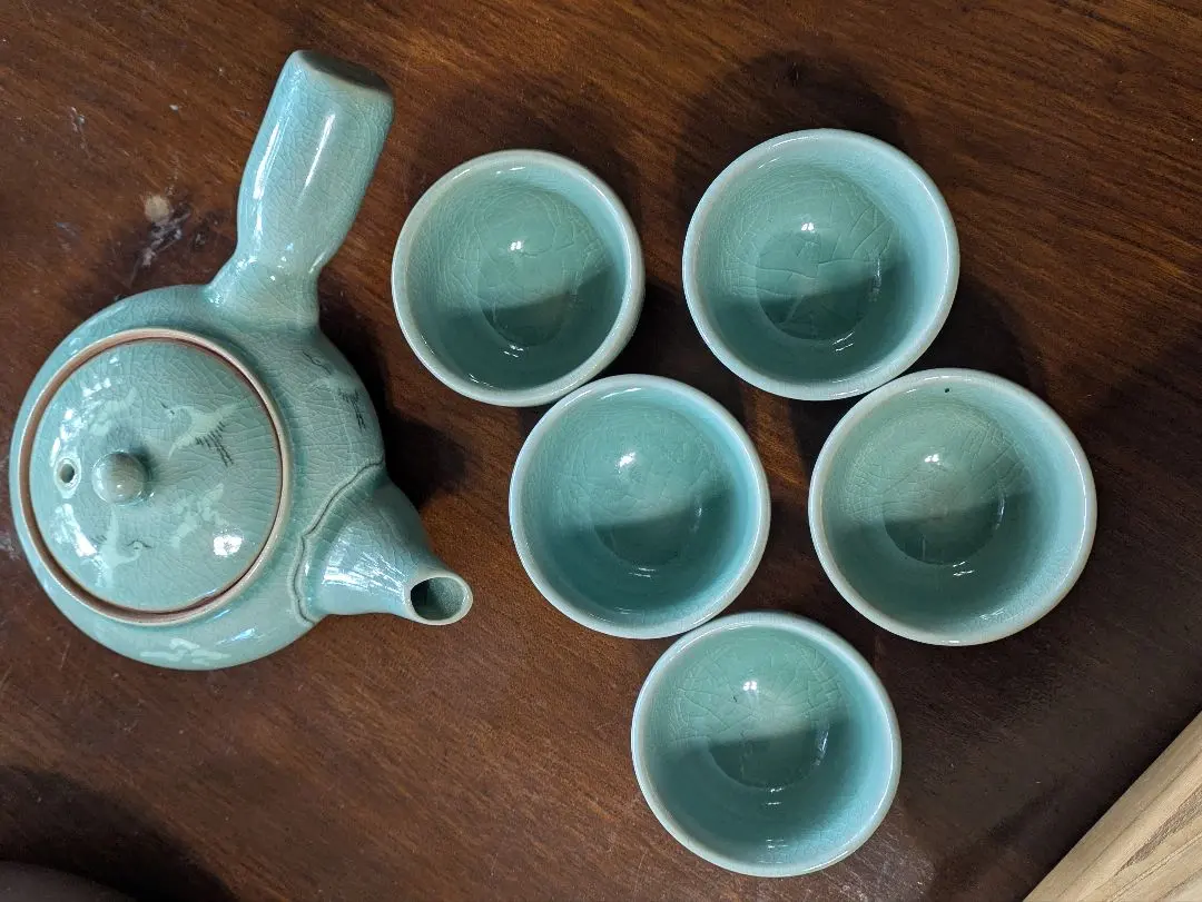 未使用　美しい青磁！如泉窯　李連休　茶器　急須　湯呑み　5客　韓国　陶磁器