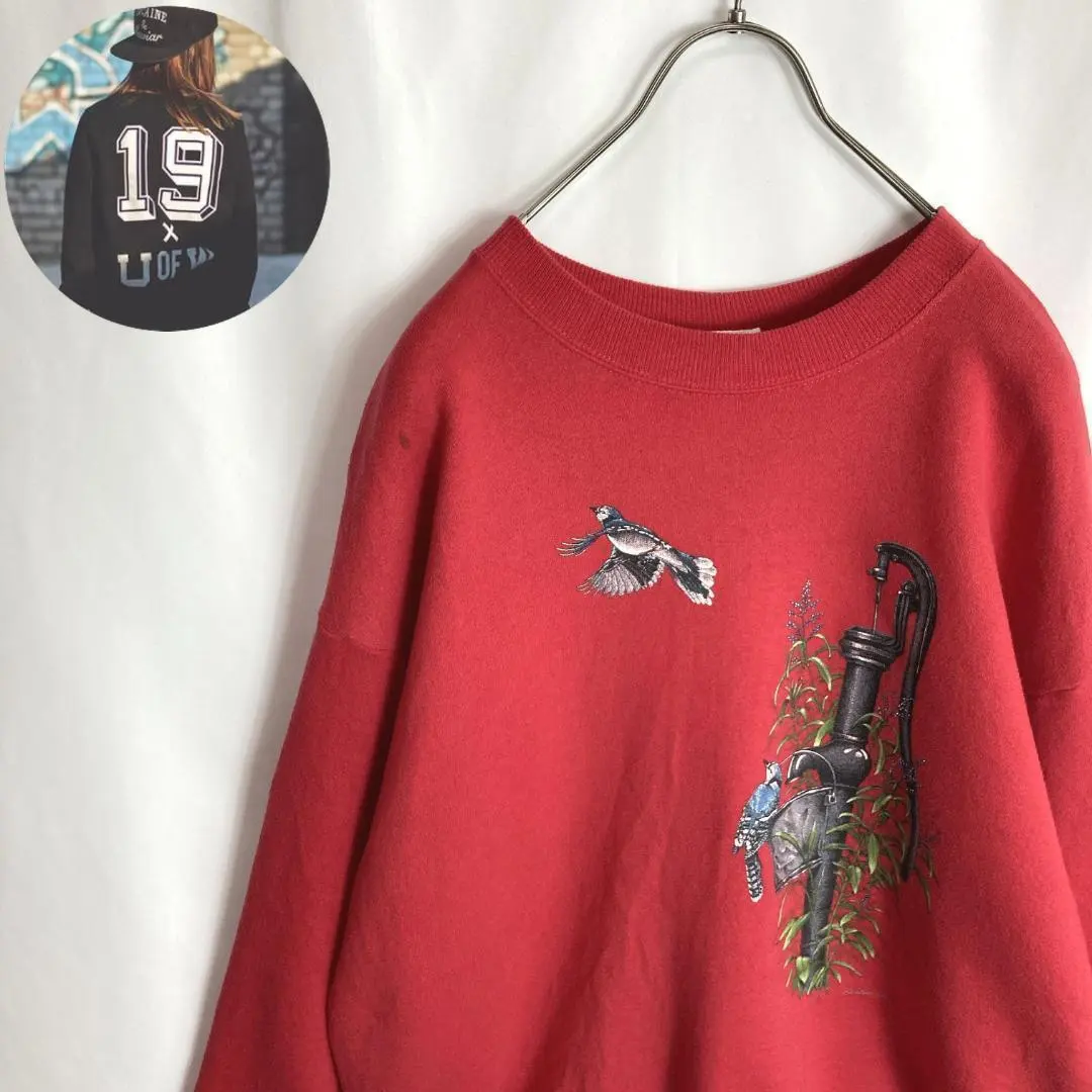 US古着 スウェット 鳥 アニマル柄 雀プリント 赤色トレーナー XLかわいい