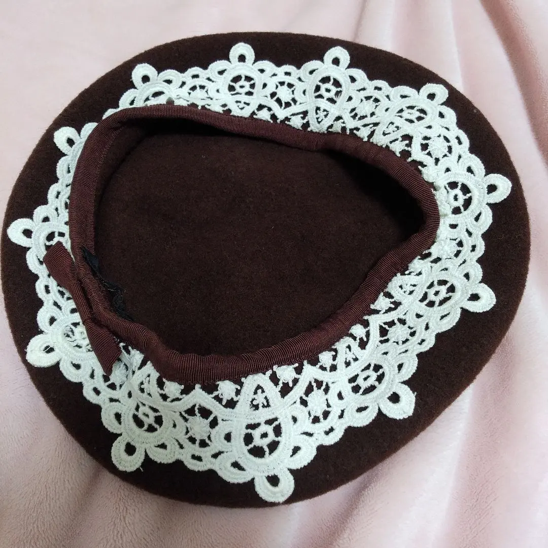 ブラウン レース装飾 ベレー帽