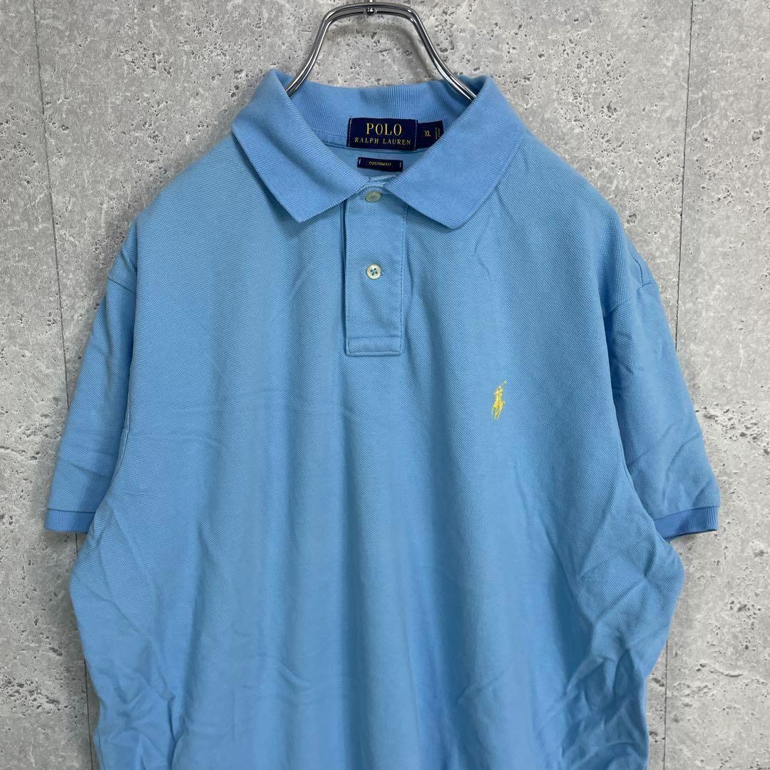 ポロラルフローレン　刺繍ロゴ　ブルー　半袖　ポロシャツ　XL