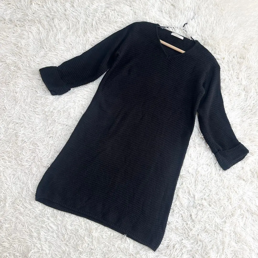 ショコラフィネローブ　ニットワンピース　袖ロールアップ　vネック ブラック（F）
