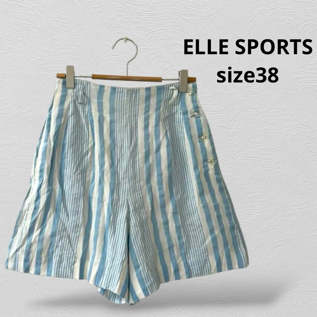 ELLE SPORTSエルスポーツ　ストライプ ハイウエストショートパンツ　麻混
