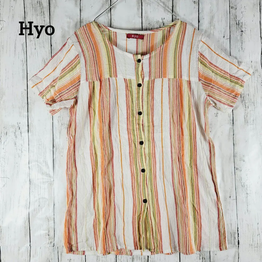 HYO【M~L】ストライプシャツ ブラウス トップス ノーカラーシャツブラウス