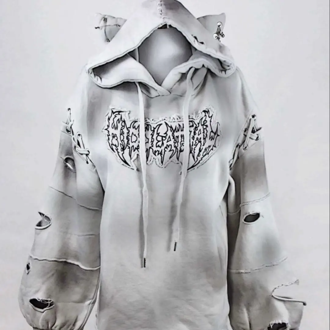 イドラタールテオドール　ダメージオーバーサイズ猫耳パーカー グレー