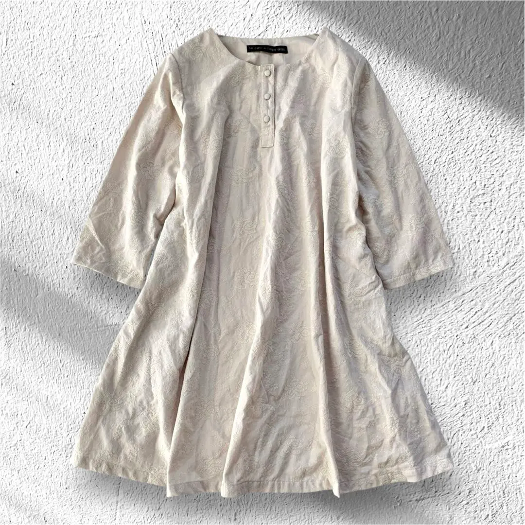 【ルシエルタンドゥース】ワンピース 花柄 七分袖 麻混 ハーフボタン ひざ丈 F