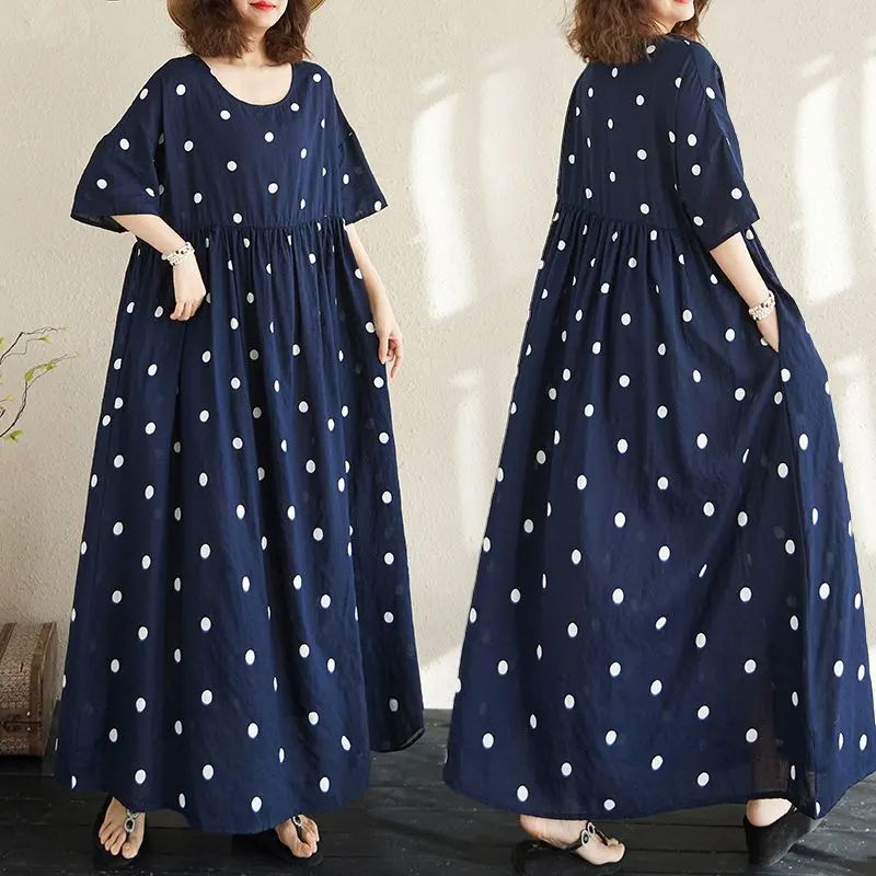 オーバーサイズ ロングワンピース 丸襟 ドット柄I 体型をカバー ポケット付き