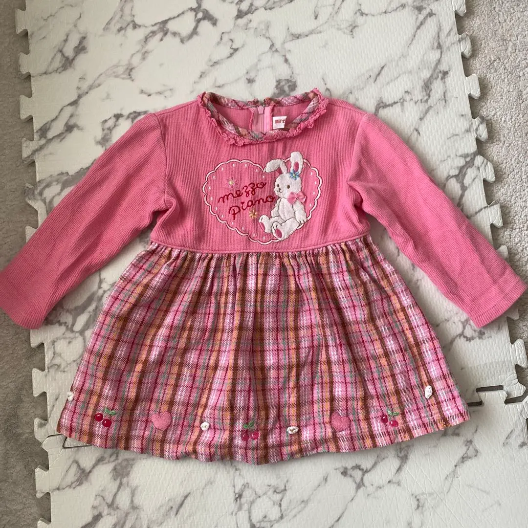 メゾピアノ　ウサギ刺繍 長袖ワンピース 100cm