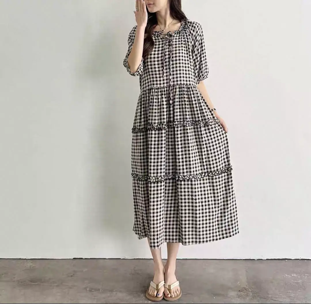 夏にぴったり！韓国チェック柄ひざ丈ワンピース✨5分袖ゆったり女子会コーデ