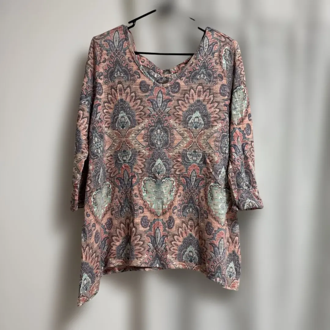 レディース ニットボヘミアン柄 Vネック 五分袖チュニック