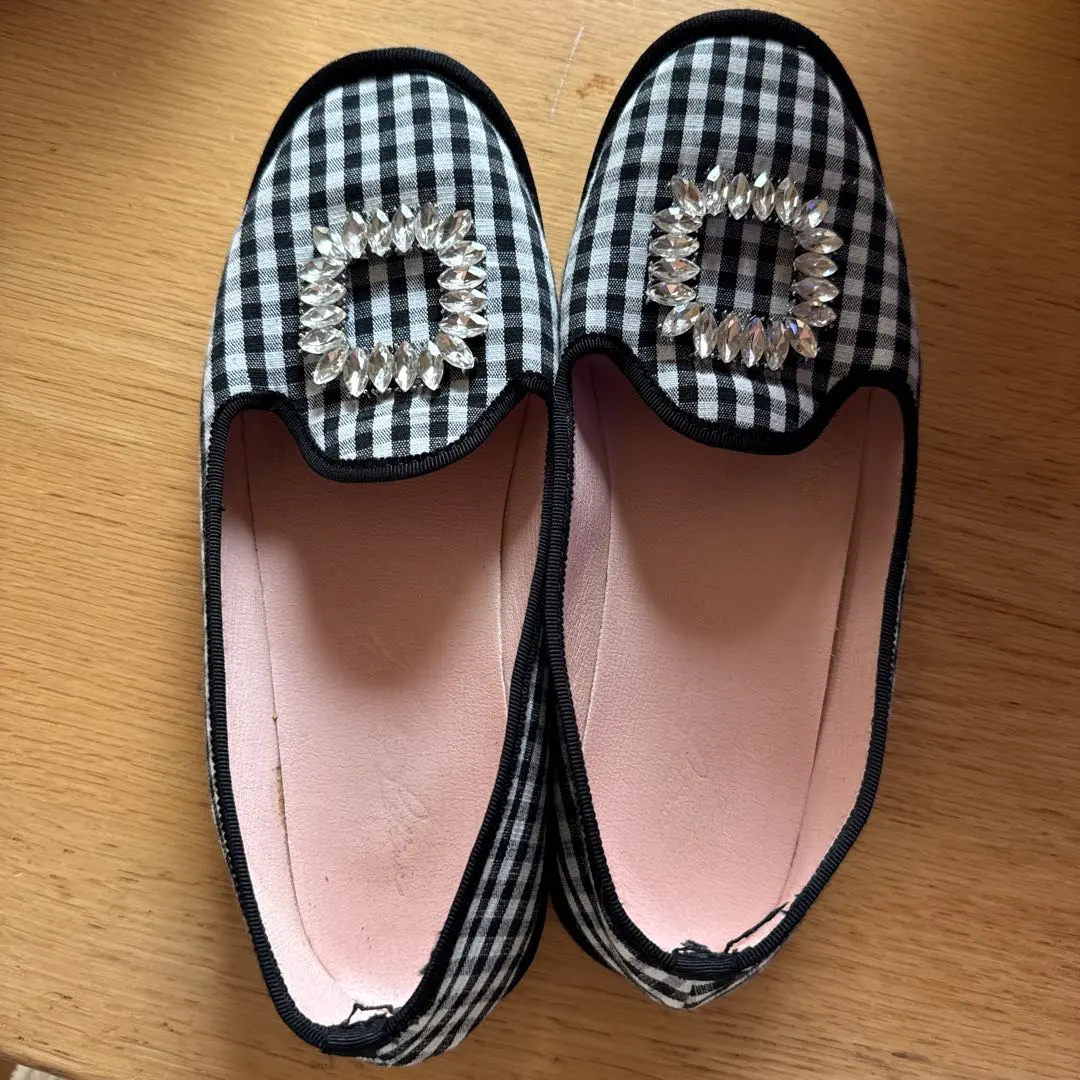 ギンガムチェック ビジュー付き フラットシューズ M