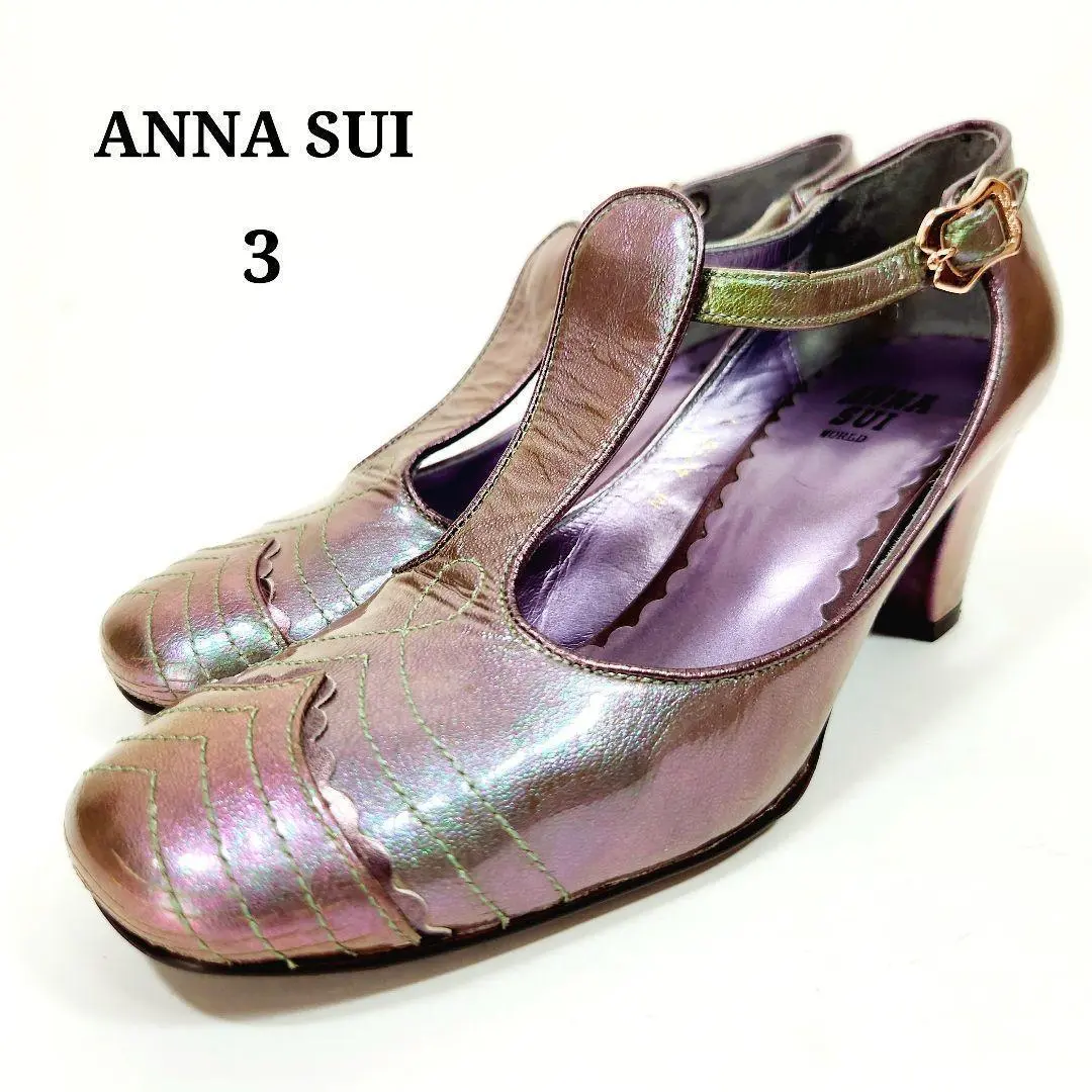 【ほぼ新品】アナスイ 希少色 パープルグリーン Tストラップ パンプス ヒール