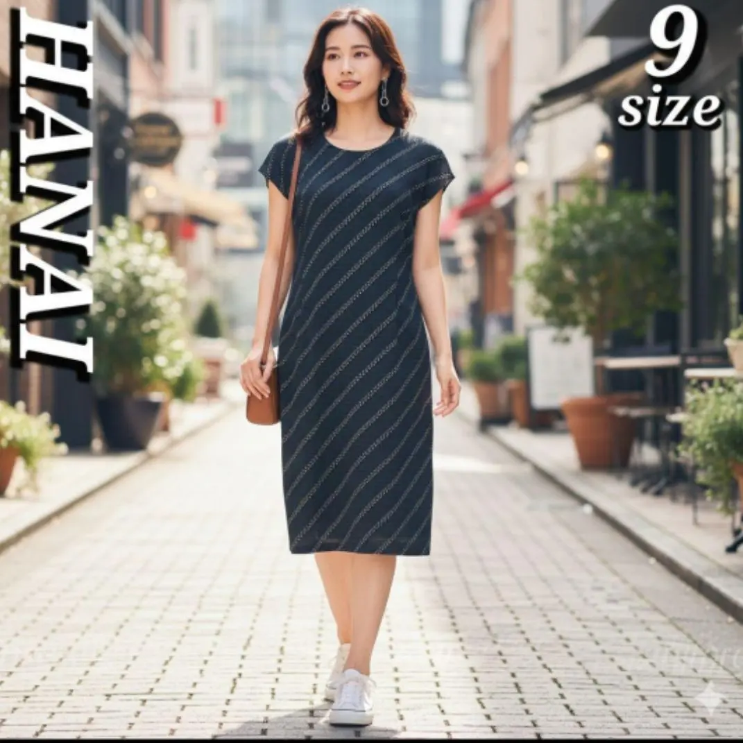 HANAI 9号 M ワンピース 濃紺 斜めチェーン柄 オフィス/通勤 美品