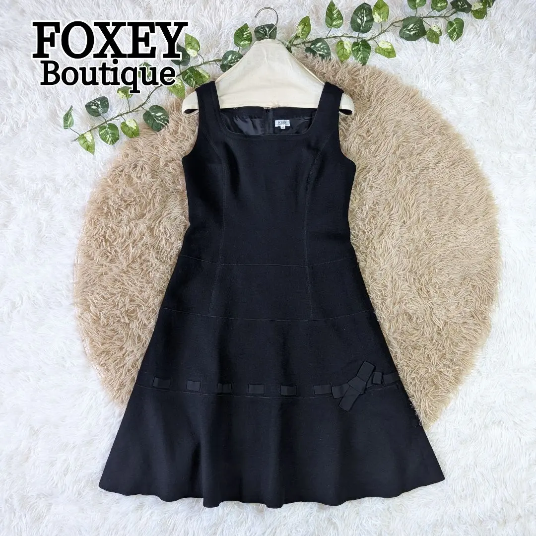フォクシー カシミア フレアワンピース Aライン リボン ひざ丈 ブラック