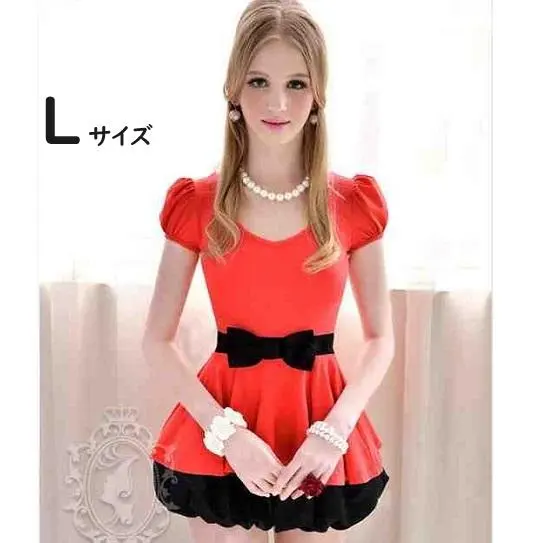 プチセレブお嬢様 カットソー赤L パフスリーブ半袖Tシャツ 裾フレア リボン飾り