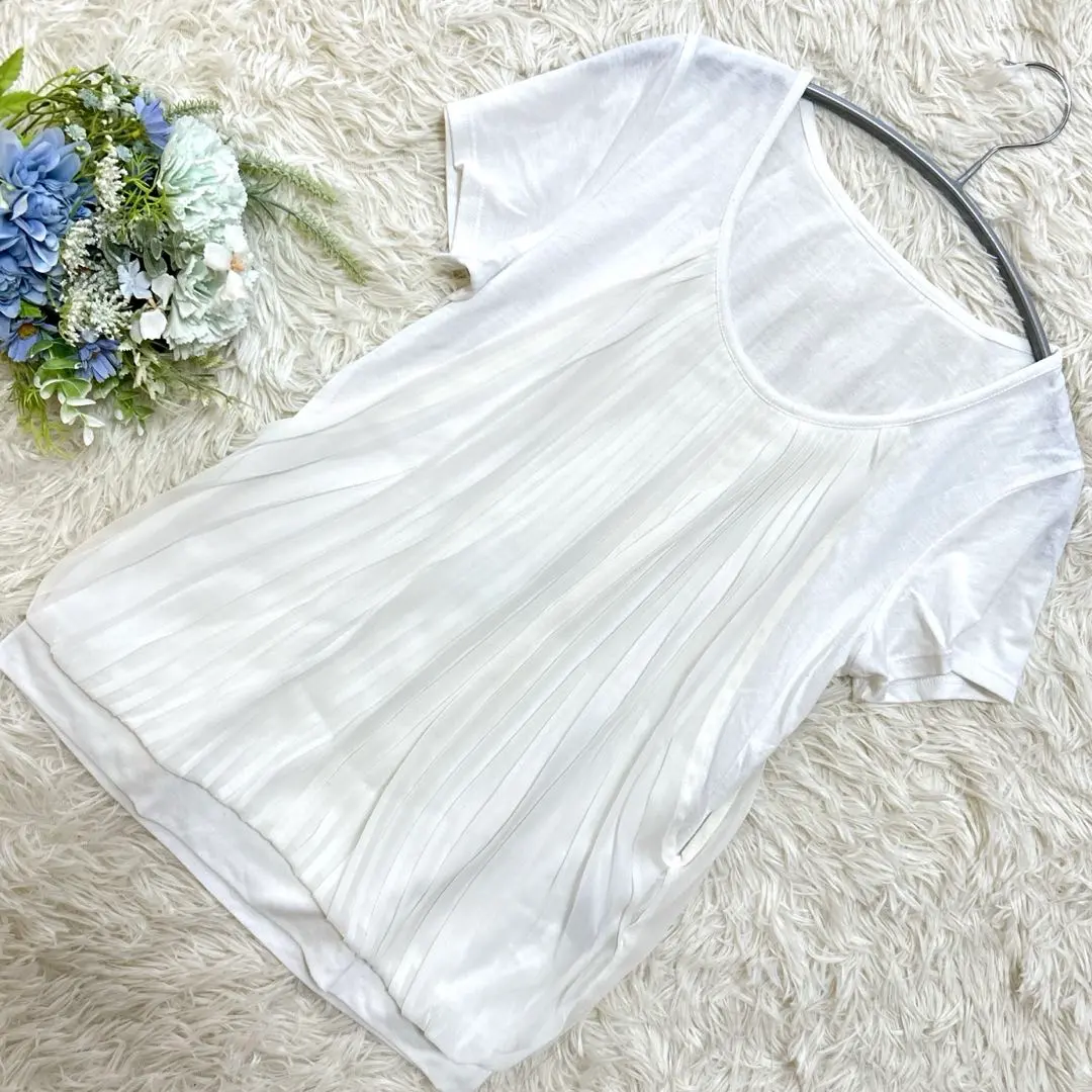 インデイヴィ ホワイト プリーツ ブラウス 半袖 夏 M オフィスカジュアル