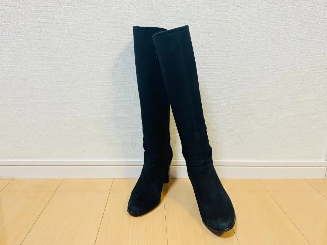 銀座かねまつ スエード 美脚 ロングブーツ 黒 23㎝