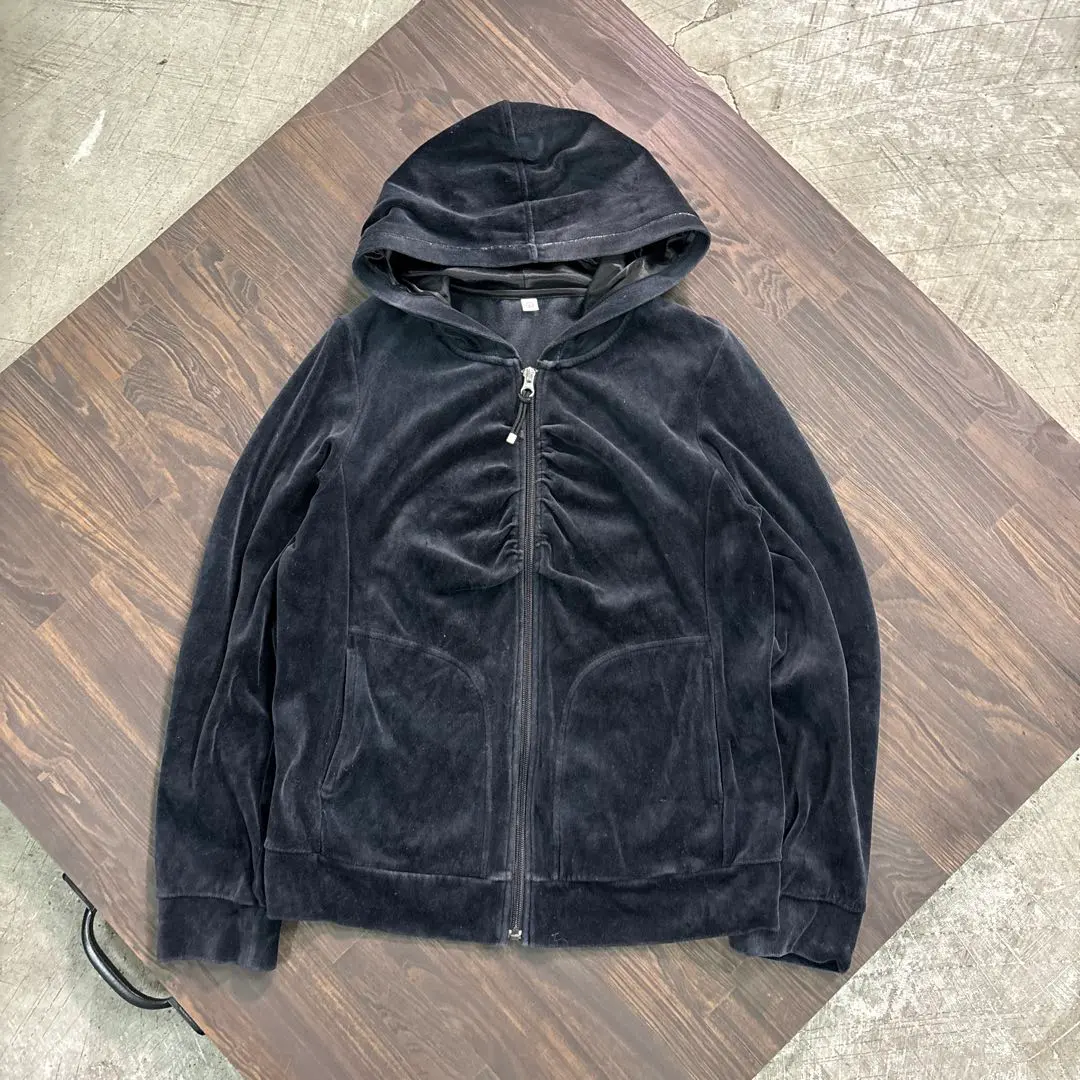 7AS3 UNIQLO ジップアップパーカー　ギャザー入り　ブラック　L