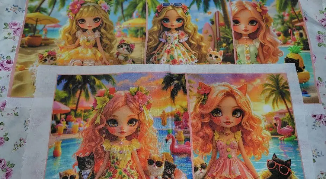 パネル生地　女の子　ドール　猫　真夏　バカンス　海　プール