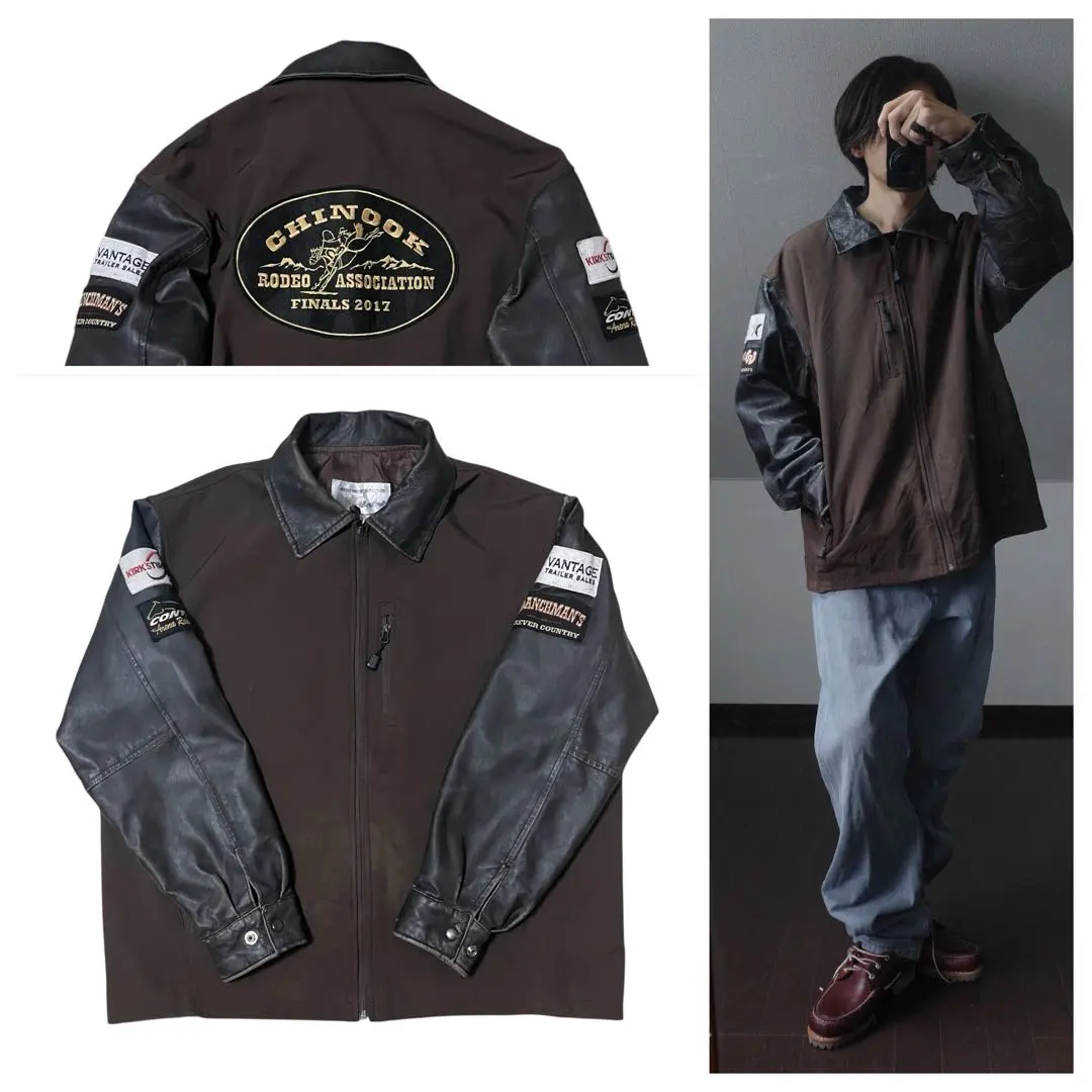 アメカジロデオジャケットレザースリーブXL刺繍コーチジャケット古着スタジャン