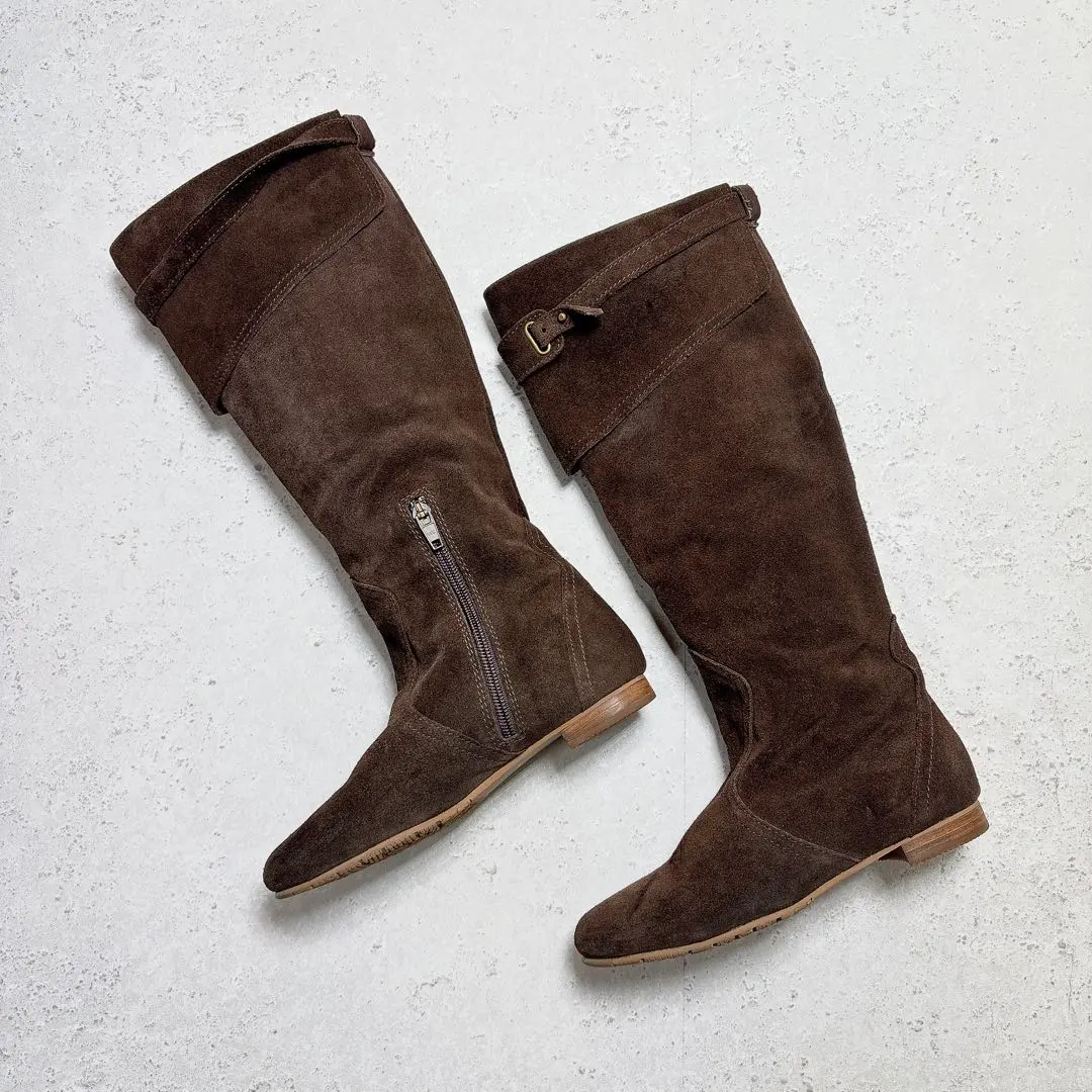 リーガル　本革ロングブーツ　スエード　ベルト装飾　美脚ブーツ　ブラウン　22.5