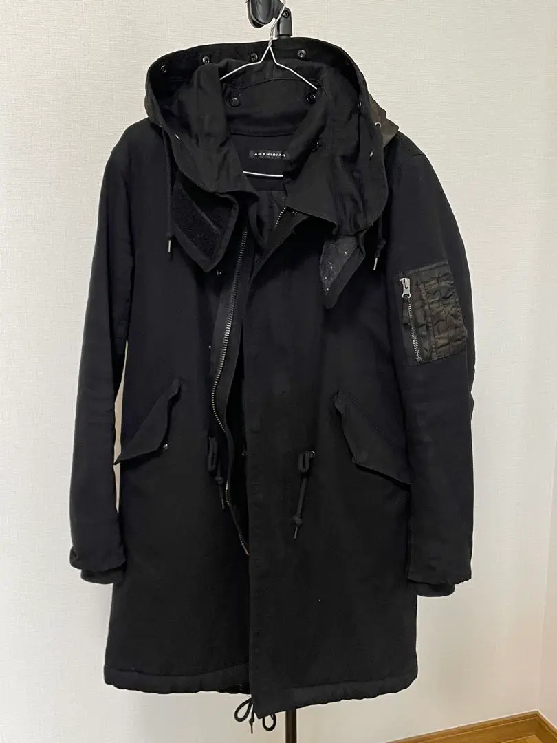 AMPHIBIAN ブラックモッズコート 迷彩 ファー フード付き