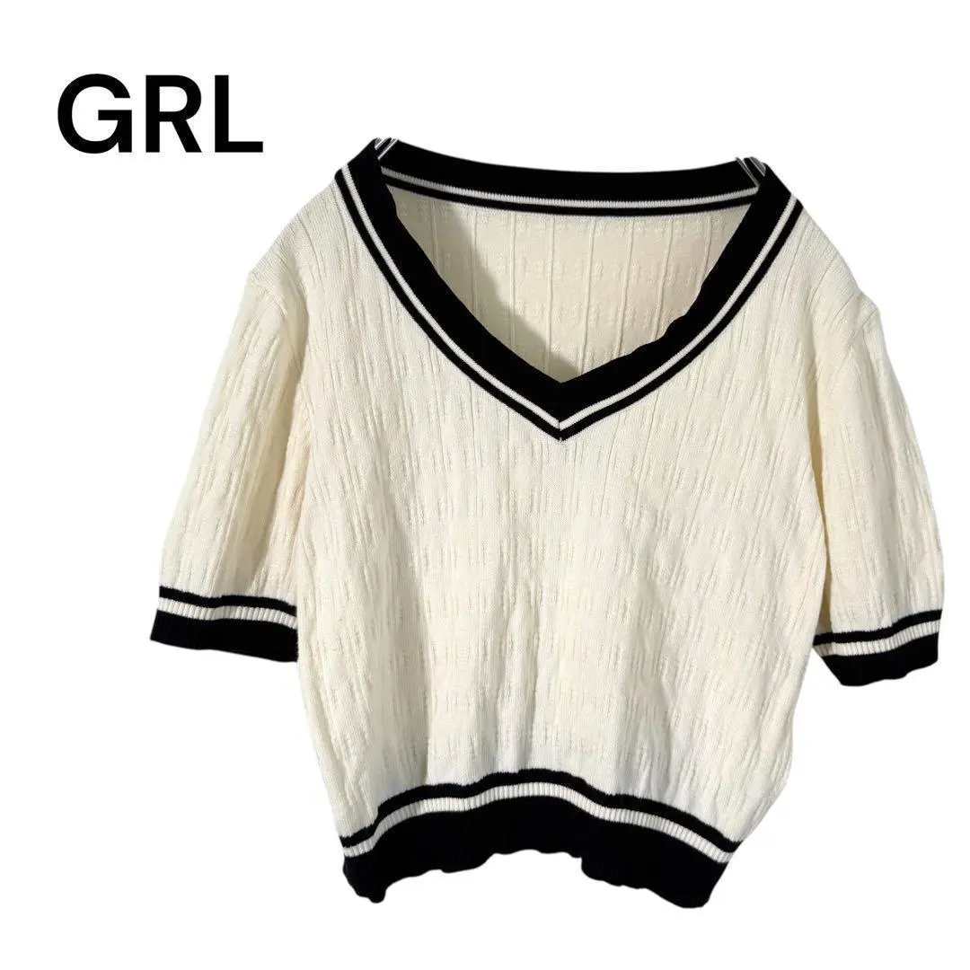 グレイル　Vネック 配色ライン 半袖 ニットトップス ホワイト×ブラック M