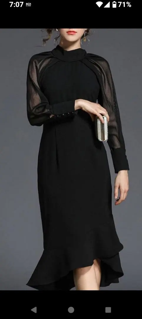 黒 シースルー袖 マーメイドワンピース ドレス L