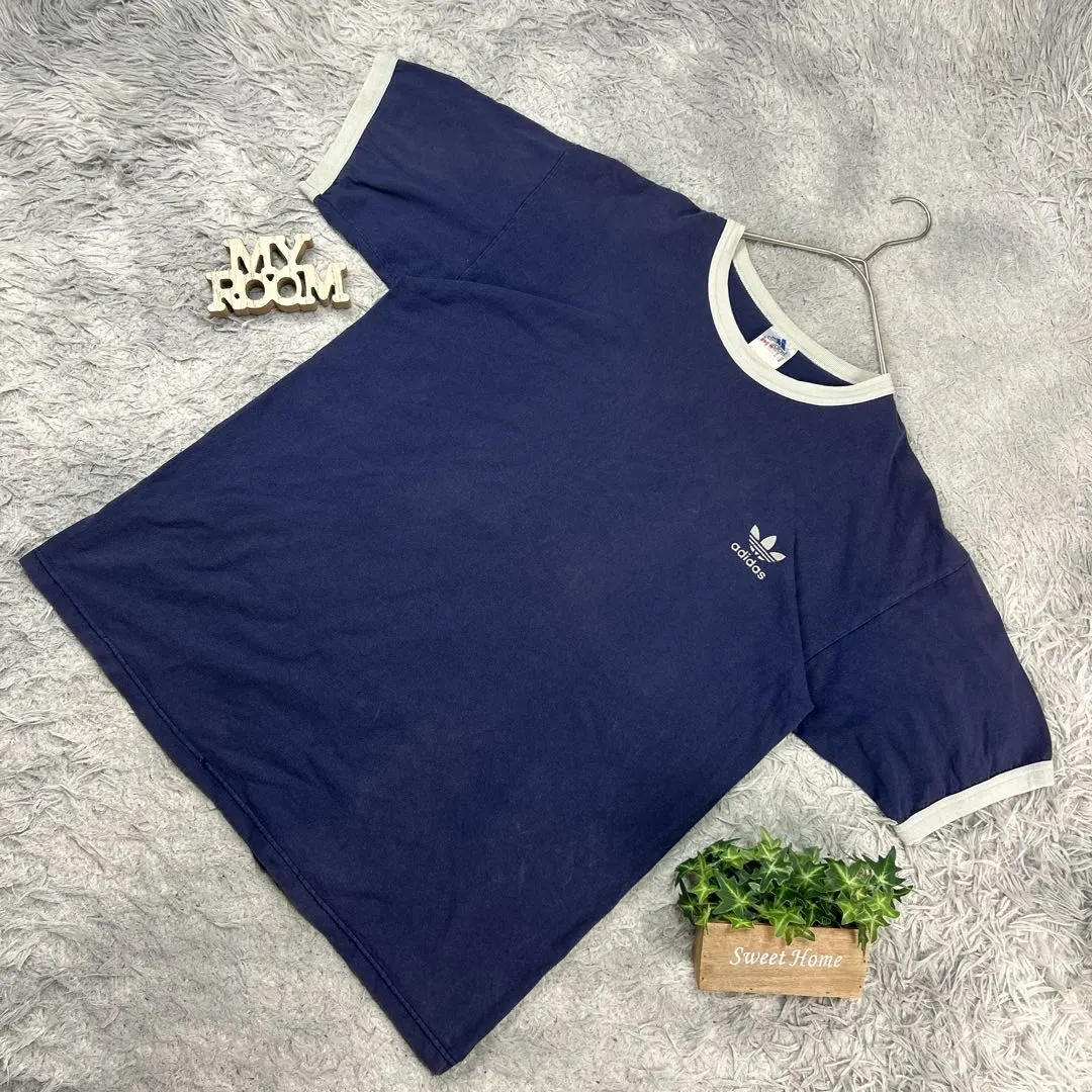 adidas アディダス ヴィンテージ風リンガーTシャツ L 紺色