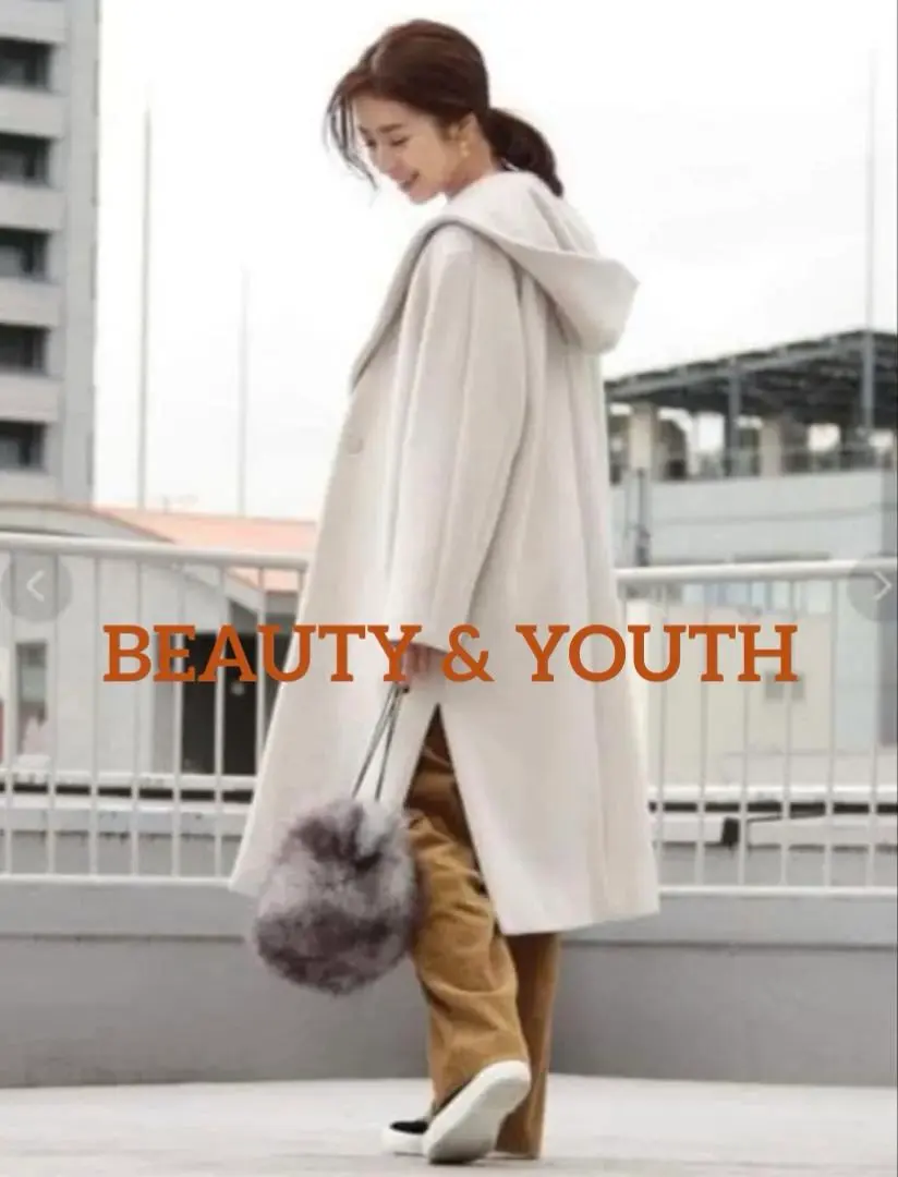 BEAUTY&YOUTH フード付きノーカラーコート オフホワイト
