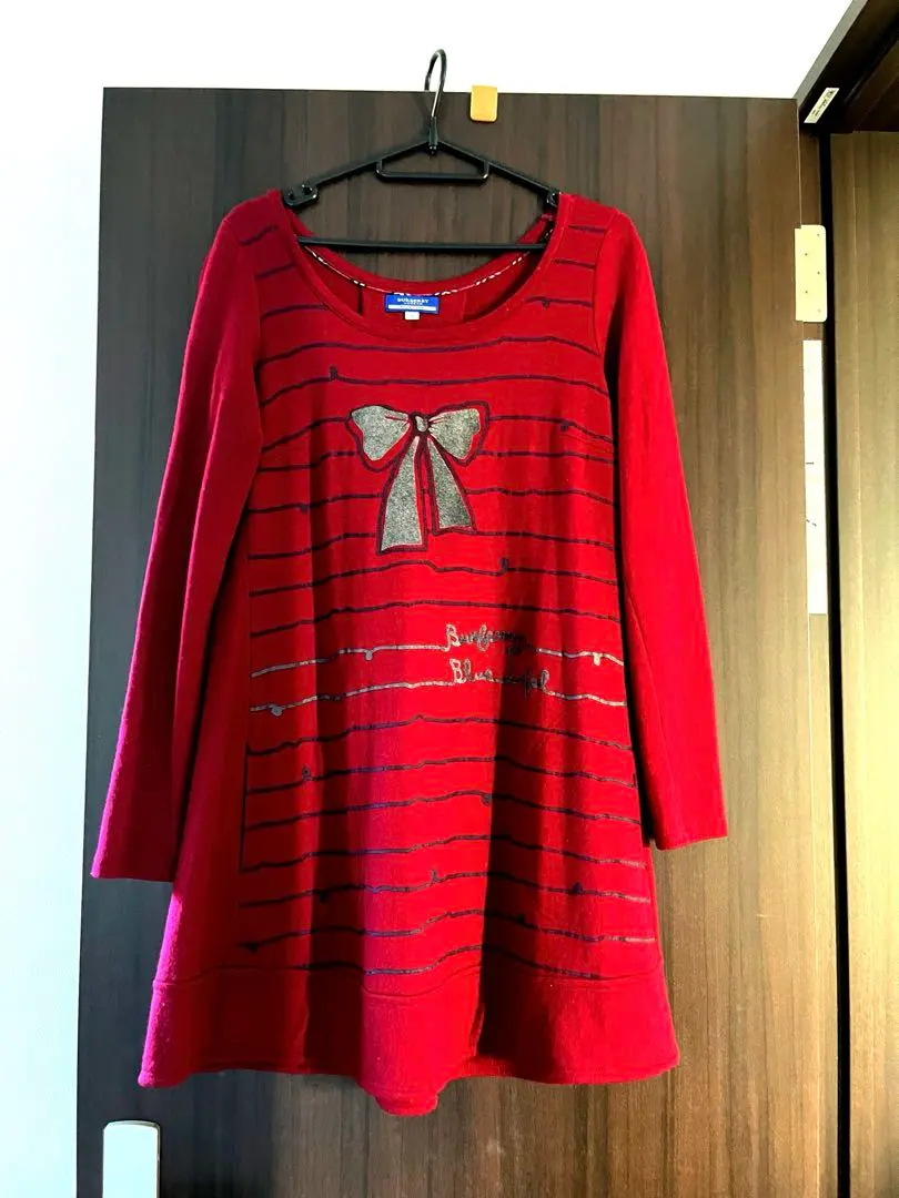 【美品】バーバリー ウール100%チュニックレッド ストライプ長袖ワンピース38
