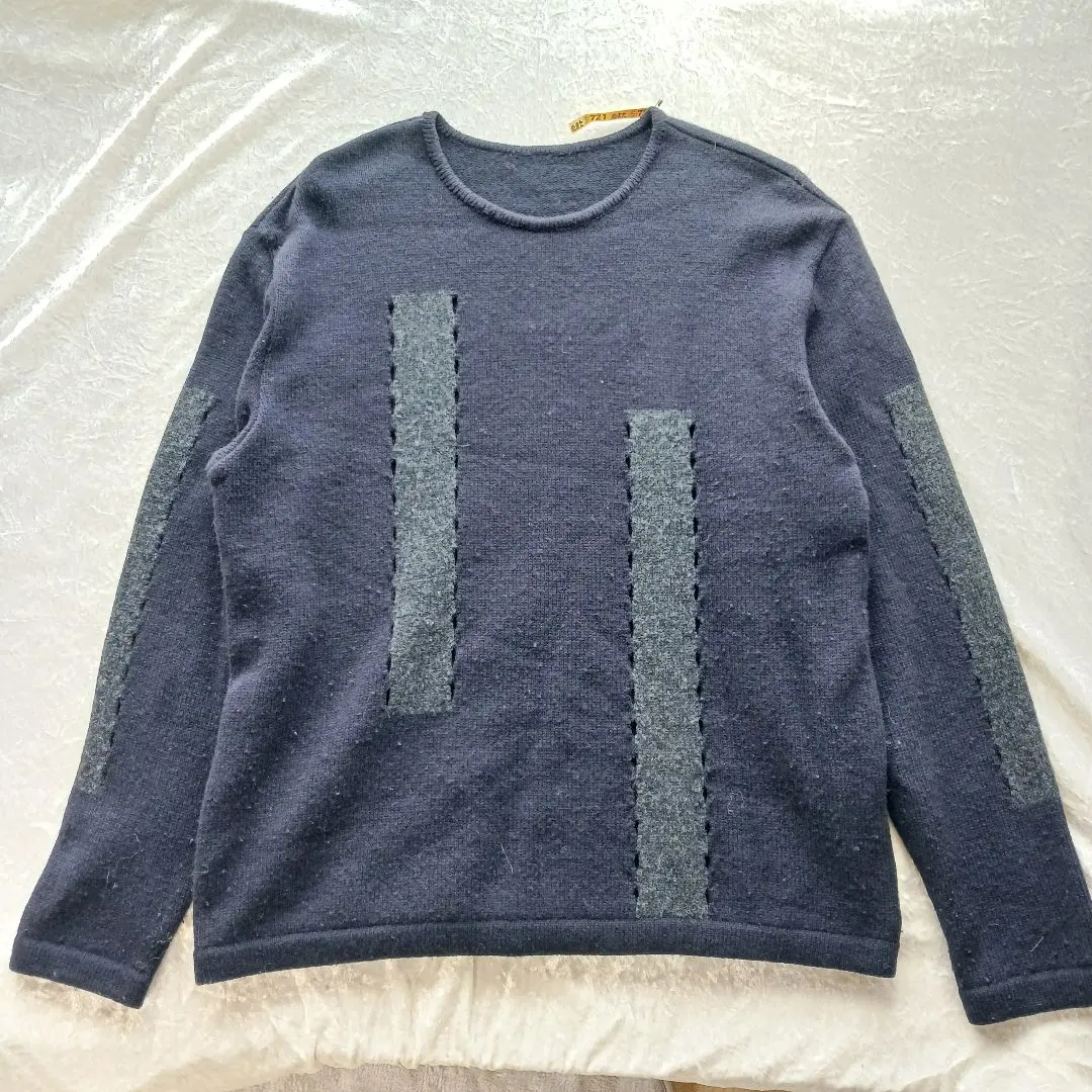 ネイビー ウール混紡 ストライプセーター F