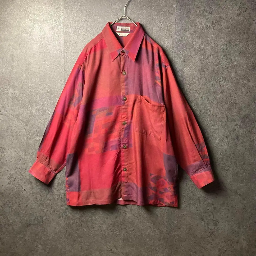 長袖シャツ　柄シャツ　赤 red　グラデーション　ビンテージ　古着　レトロ
