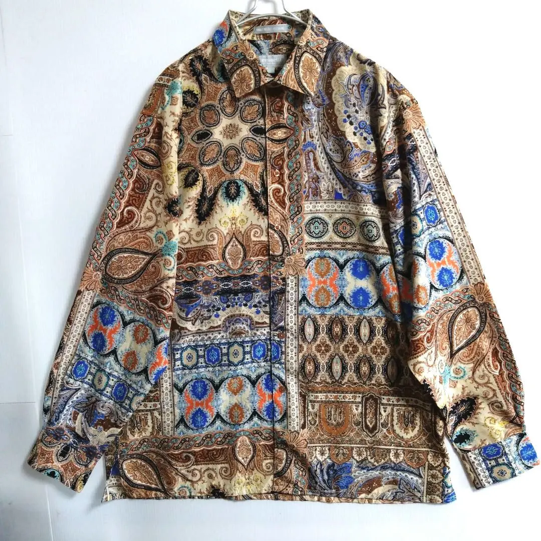 1308　Veronelli　薄手長袖シャツ　XL　総柄　金青茶　US古着