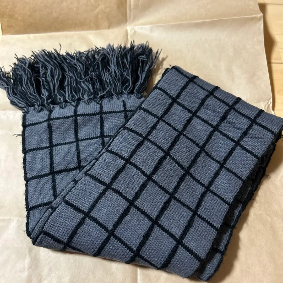 グレー チェック柄 マフラー フリンジ付き