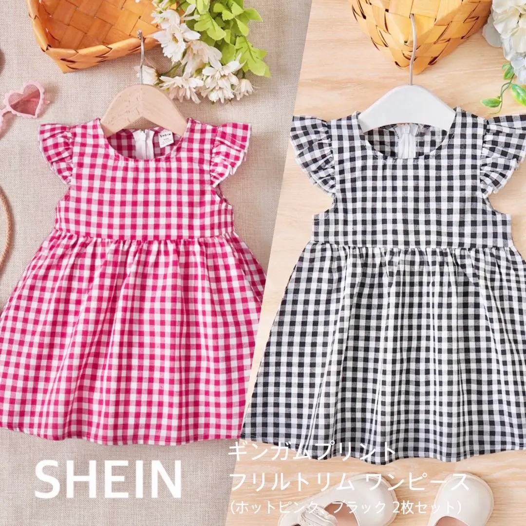 美品＊ベビー ギンガムチェック フリルトリム ワンピース 80 ピンク ブラック