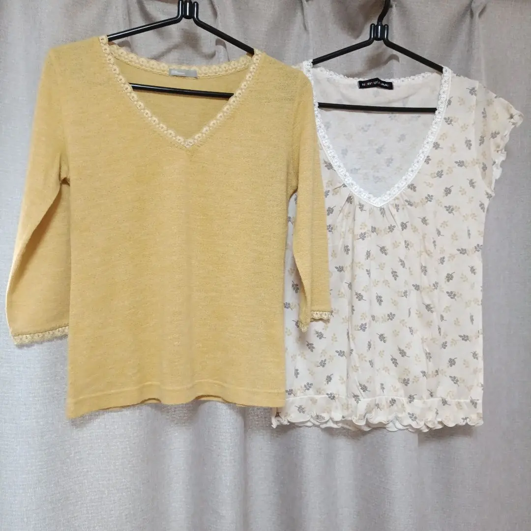 トップス　Vネック　レース　イエロー 五分袖　半袖