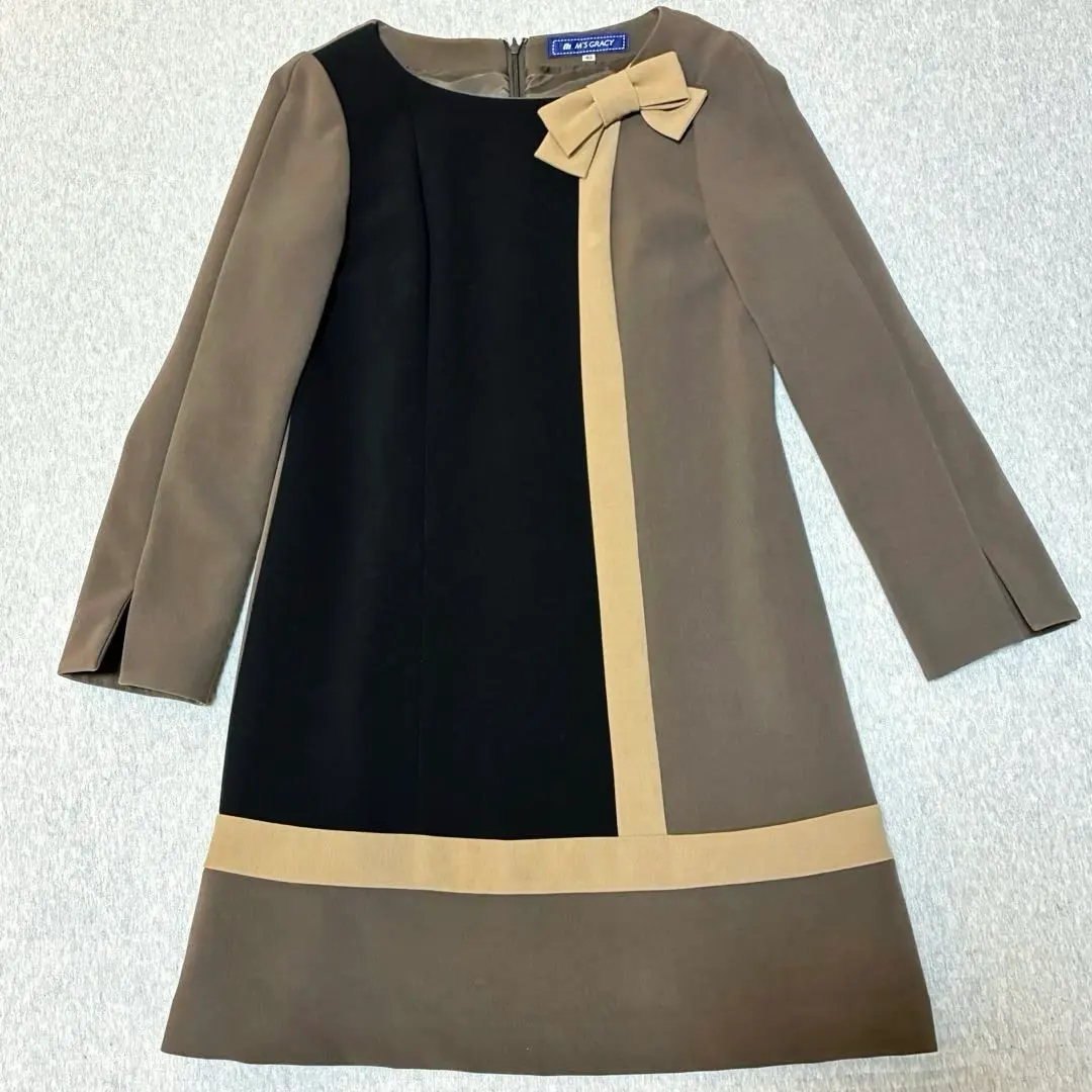 エムズグレイシー　ワンピース　リボン　ブラウン　バイカラー　フォーマル