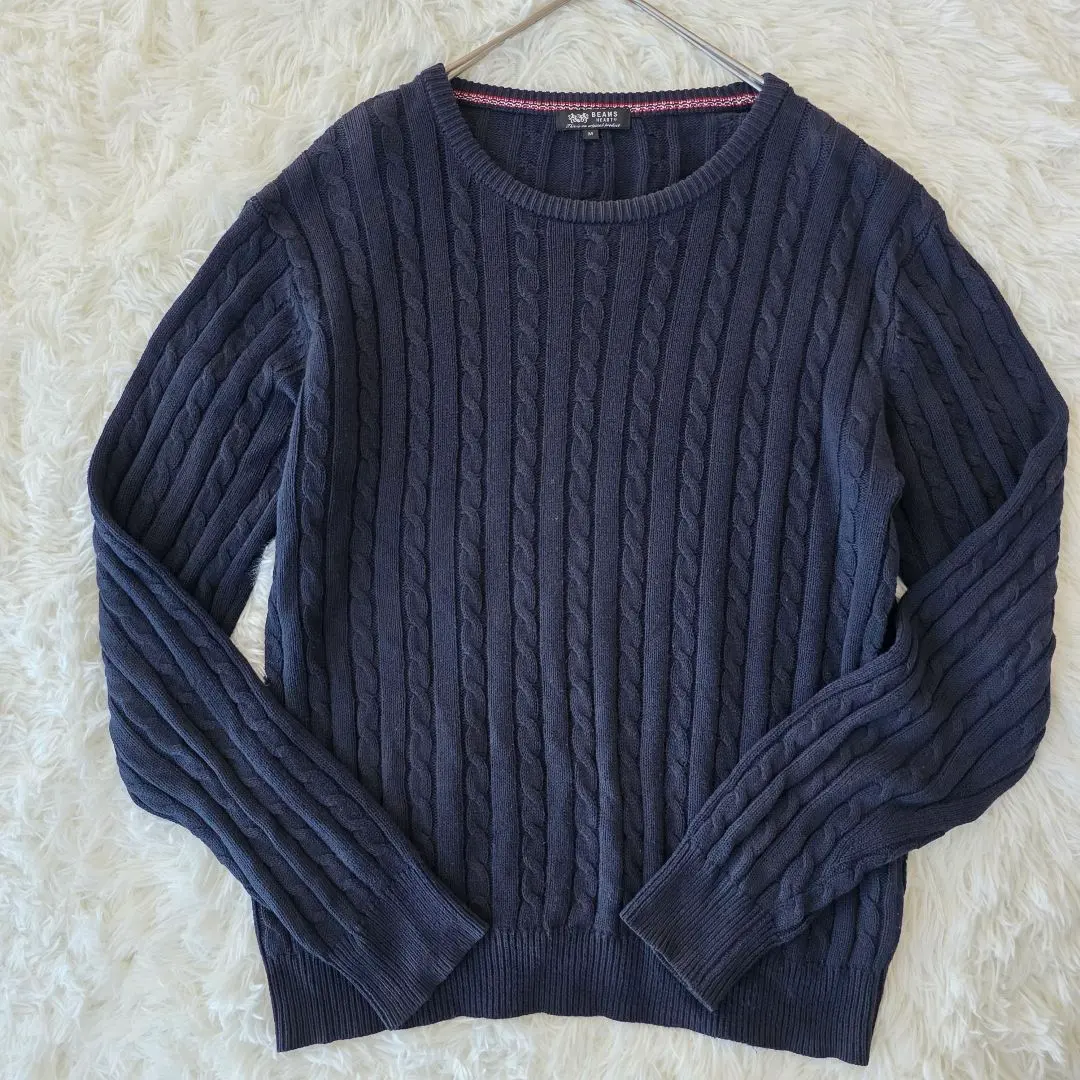 BEAMS HEART ケーブルニット 綿100 ネイビー M メンズ 秋冬